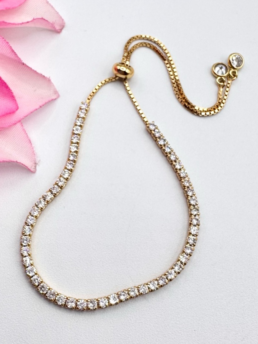 Gold Over Silver Tennis Slider Bracelet CZ Tassel Adjustable Dainty For Layering